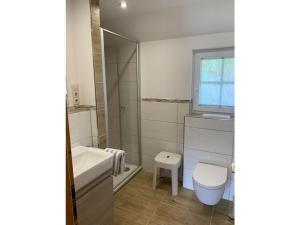 uma casa de banho branca com um lavatório e um WC em Holiday apartment Luxhof em Sankt Märgen