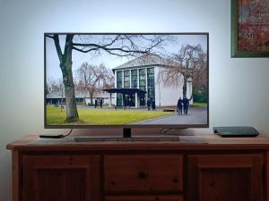 TV de pantalla plana en la parte superior de un armario de madera en Nice apartment in Bodenmais en Bodenmais