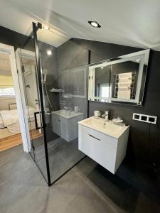 uma casa de banho com um lavatório, um chuveiro e um espelho. em Shtil em Kiev