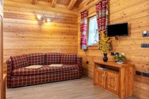 un soggiorno con divano e TV di Chalet Camping Faè 5 - Trilocale a Madonna di Campiglio