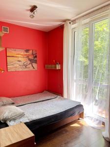 a bedroom with a red wall with a bed and a window at Cosy room Aleja Kijowska in Krakow