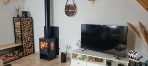 a living room with a tv and a fireplace at La Petite Maison de l'Oze in Verrey-sous-Salmaise