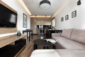 Il comprend un salon doté d'un canapé et d'une télévision à écran plat. dans l'établissement Elite Apartments Albatros, à Gdańsk