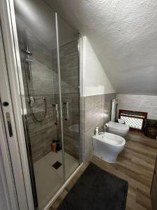 y baño con ducha, aseo y lavamanos. en Nido Marino in Versilia, en Cinquale