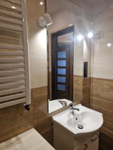 ein Bad mit einem Waschbecken und einem Spiegel in der Unterkunft WILLA VASCO NAWIGATOR in Rewa