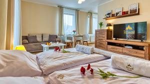 ein Wohnzimmer mit einem Sofa und einem TV in der Unterkunft ROYAL APARTS Apartament Górski Bawaria III in Szklarska Poręba