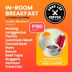 een flyer met een bord rijst en een kop koffie bij Happy Island Inn in Virac