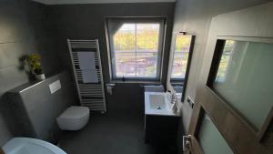 een badkamer met een toilet, een wastafel en een raam bij Restaurace Pyramida in Karlsbad