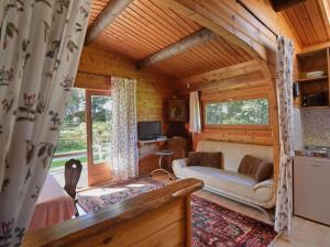 ein Wohnzimmer mit einem Sofa in einem Blockhaus in der Unterkunft Cozy holiday home on a horse farm in the L neburg Heath in Eschede