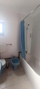La salle de bains est pourvue d'une douche et de toilettes bleues. dans l'établissement Alojamentos Vitinho 3 for Walkers, à Vila Nova de Milfontes