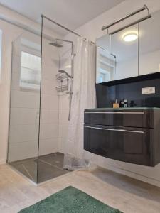 a bathroom with a shower with a glass door at -NEUE- Ferienwohnung - Monteurwohnung in Lippe in Lage
