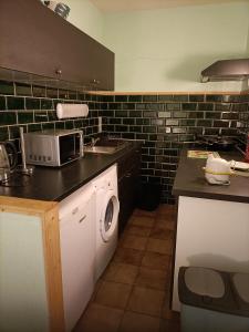 a kitchen with a washing machine and a microwave at Forest 104 in Vielsalm