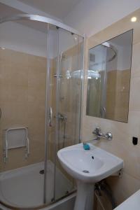 a bathroom with a sink and a shower with a mirror at Apartament Słoneczny 3 in Opole