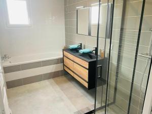 een badkamer met een wastafel, een bad en een spiegel bij Maison 10 couchages in Romorantin