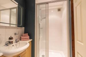 een badkamer met een douche, een wastafel en een toilet bij The Linhay at Hewish Mill in Barnstaple