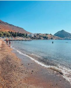 a person walking a dog on the beach at La Brezza Suite & Hotel in Akyarlar