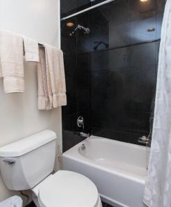 a bathroom with a white toilet and a shower at Gorgeous Apt for 2! Heart of Manhattan! in New York