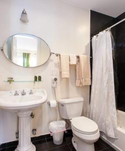 a bathroom with a sink and a toilet and a mirror at Gorgeous Apt for 2! Heart of Manhattan! in New York