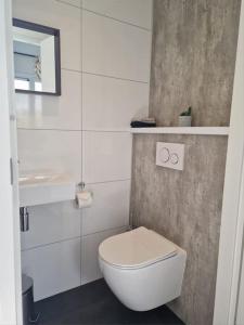 Baño blanco con aseo y espejo en Bembom Hoeve Guesthouse, en Lutten