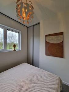 Schlafzimmer mit einem Bett und einem Kronleuchter in der Unterkunft Bembom Hoeve Guesthouse in Lutten
