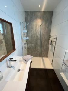 baño blanco con ducha y lavamanos en Bembom Hoeve Guesthouse, en Lutten