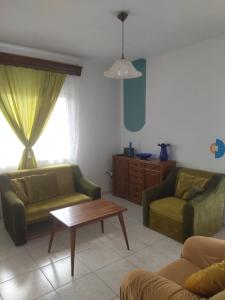 Sala de estar con 2 sofás verdes y mesa de centro en AGAPI'S HOUSE, en Sidirókastro