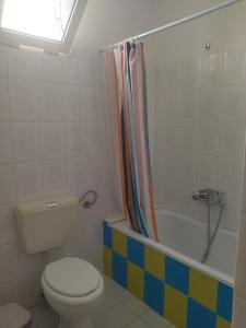 y baño con aseo y cortina de ducha. en AGAPI'S HOUSE, en Sidirókastro