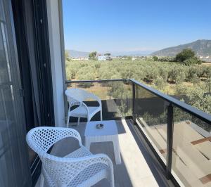 a balcony with two chairs and a view of the countryside at Olive villas in Fethiye