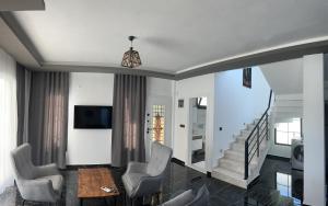 a living room with chairs and a table and a tv at Olive villas in Fethiye