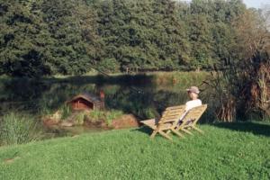 un hombre sentado en un banco pescando en un lago en Holiday flat on small holiday farm with indoor pool many activities Kindwiller, en Pfaffenhoffen