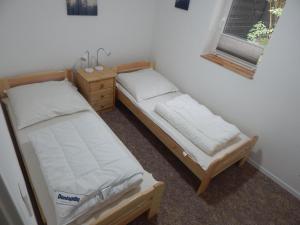 two twin beds in a room with a window at Farmhouse in the M ritz National Park in Mirow