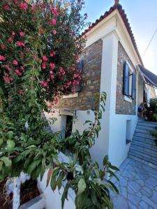 a building with a bush with pink flowers on it at Danai Traditional Apartment in Samos