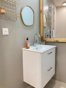 uma casa de banho com um lavatório e um espelho em La Grande Coloc - Superbe T4 refait à neuf em Poitiers