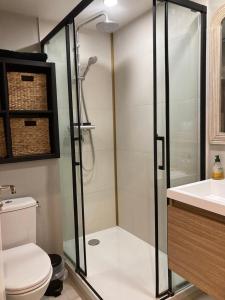 uma casa de banho com um chuveiro, um WC e um lavatório. em La Grande Coloc - Superbe T4 refait à neuf em Poitiers