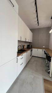uma grande cozinha com armários brancos e um lavatório em CityCenterApartments/M32/8B em Bielsko-Biala
