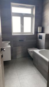 a bathroom with a toilet and a sink and a window at nana house in London