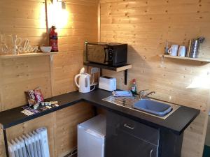 una cucina con bancone, lavandino e forno a microonde di Vigo Retreat cabin 1 a Sevenoaks