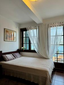 una camera da letto con un grande letto e finestre di vikka Boka a Donja Kostanjica