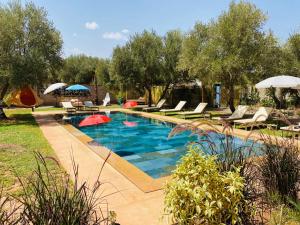 una piscina con sillas y sombrillas en un patio en villa roswell marrakech, en Marrakech