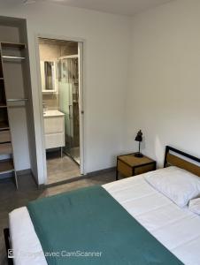 1 dormitorio con 1 cama y baño con lavamanos en Chambre avec Salle de bain privée dans appartement partagé, en Montpellier