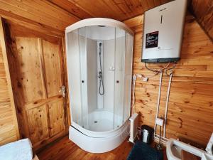 a bathroom with a shower in a wooden room at ALTO Cabins in Alamedin