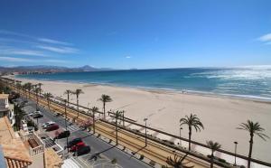 - une vue sur la plage bordée de palmiers et l'océan dans l'établissement Moderno apartamento en el Campello by beBalmy, à El Campello