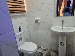 a bathroom with a white toilet and a sink at Glory Apartment in Ibadan