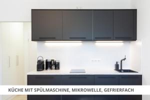 a kitchen with black cabinets and a sink at Apartment Wahnfried No4 - Zentral wohnen mit Küche und Duschbad, Parkplatz, 300m zur Fussgängerzone in Bayreuth +16 photos