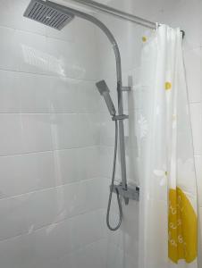a shower with a shower curtain in a bathroom at VRY NICE PLACE London in London