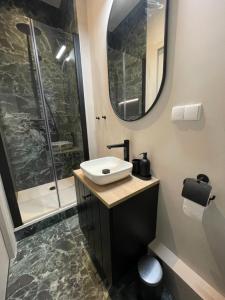 a bathroom with a sink and a shower at Amsterdam Grachtenappartement in Amsterdam