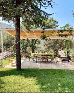 un patio con una mesa de picnic y un árbol en Villa in campagna con piscina, en San Fratello