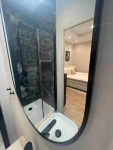 een badkamerspiegel met een wastafel en een slaapkamer bij Amsterdam Grachtenappartement in Amsterdam