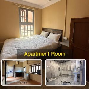 two pictures of a bedroom with a bed and a apartment room at Heranya La:Ku in Pātan