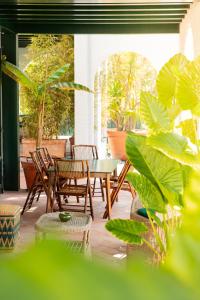eine Terrasse mit einem Tisch, Stühlen und Pflanzen in der Unterkunft California Park Hotel in Forte dei Marmi